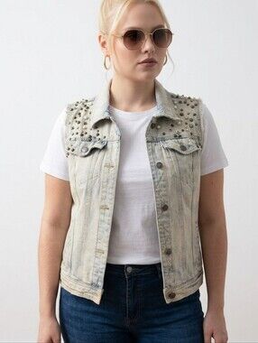 Free People Studded Grunge Distressed Denim Vest Acid Wash S